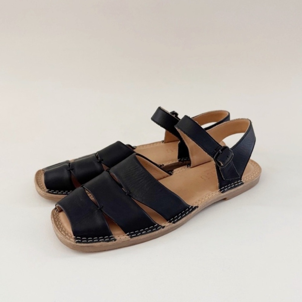 Hereu Morella Sandal Fisherman Leather Flat Square Toe  Black US 7.5 EU38